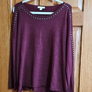 Westport Burgundy Long Sleeve Top with Studded Trim